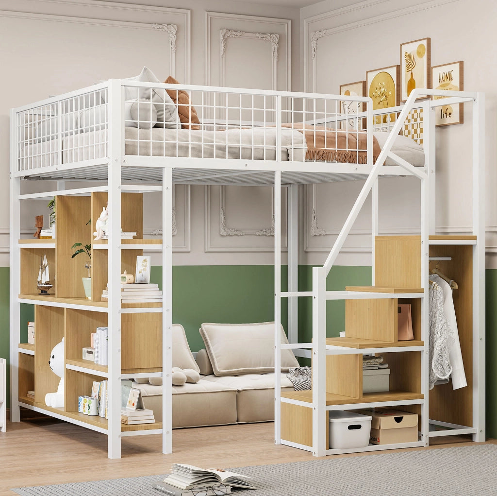 Letto a soppalco 140x200 cm in metallo e legno; con scala contenitore; bianco