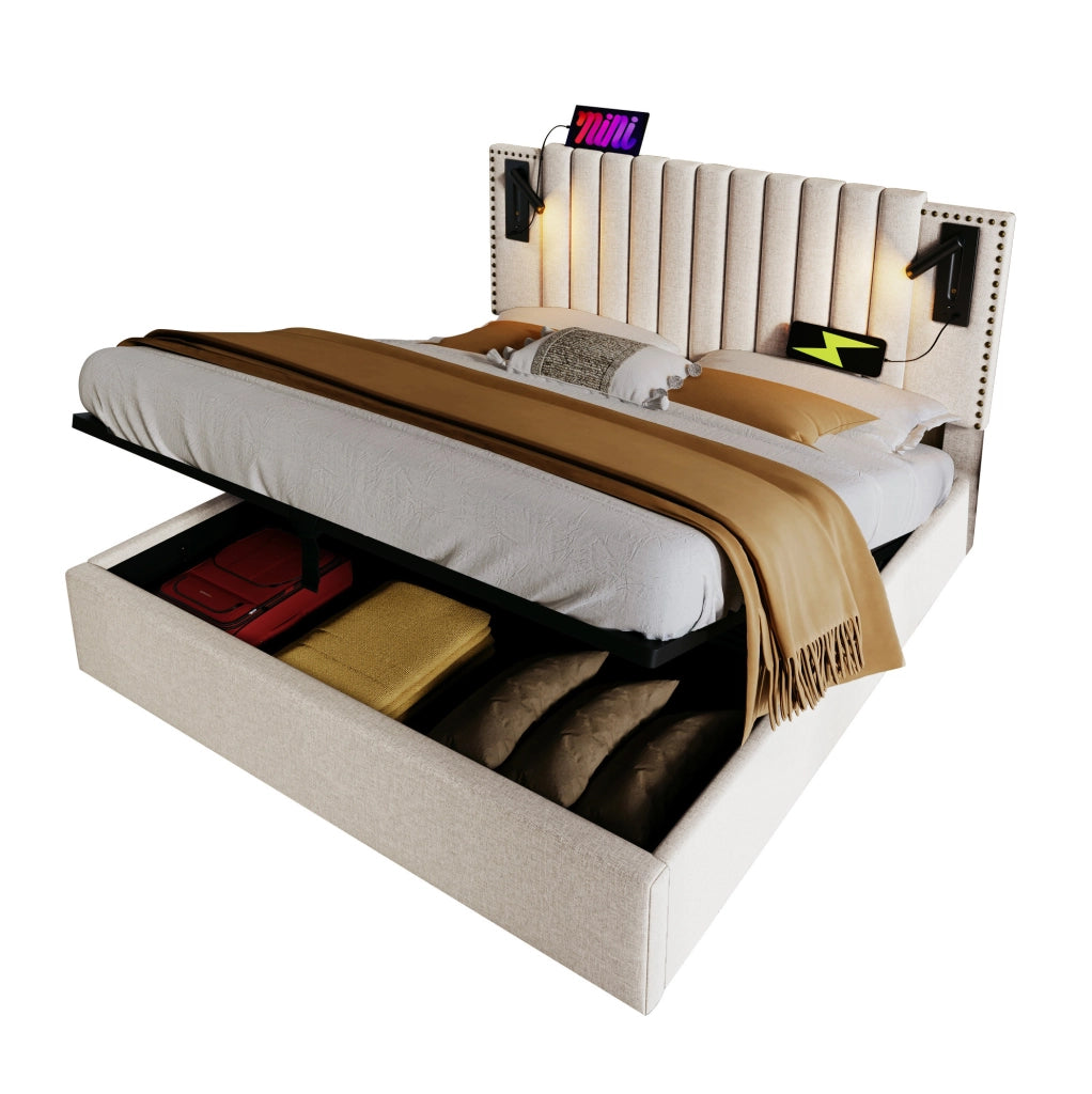 Letto matrimoniale contenitore 140x200 cm in cotone beige con testiera regolabile; luci lettura e USB
