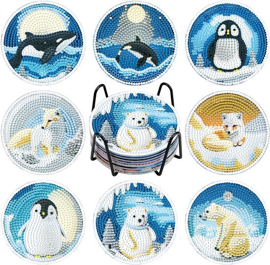 Set di 8 sottopiani da disegno a forma di diamante per animali, con supporto, sottopiani da disegno da tavolo per inverno, sottopiani da disegno a forma di caffè con diamante, set di 5D sottopiani da disegno a forma di diamante