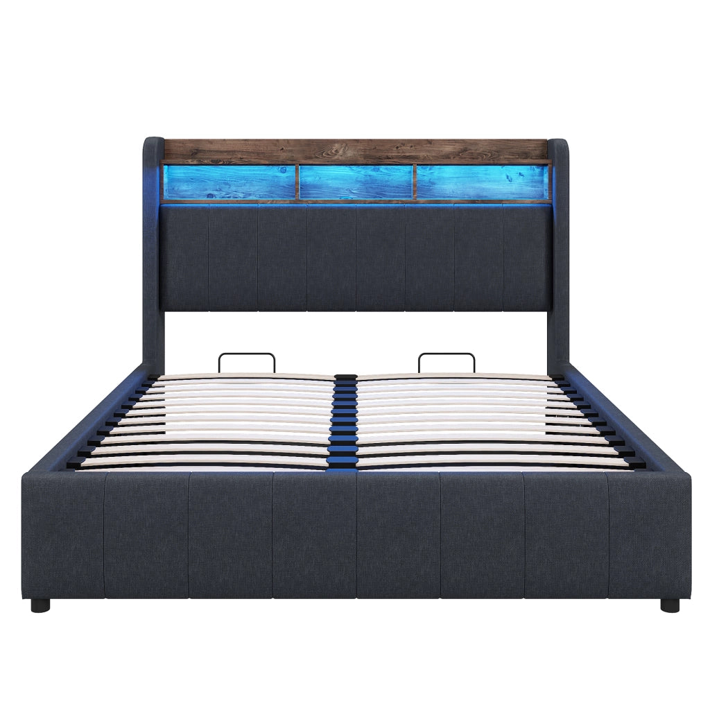 Letto Contenitore 140x200 cm con LED; USB e Type-C; Testiera con Mensole; Grigio