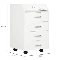Cassettiera da Ufficio in Legno con 4 Cassetti, Ruote e Bordi Rialzati, 40x36x65cm, Bianco