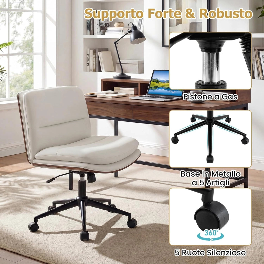 Sedia Ufficio Girevole con Ruote, Sedile Curvo, Schienale Reclinabile, Poltrona Scrivania con Altezza Regolabile, per Lavoro, Studio, Relax, Portata 110 kg (Bianco)