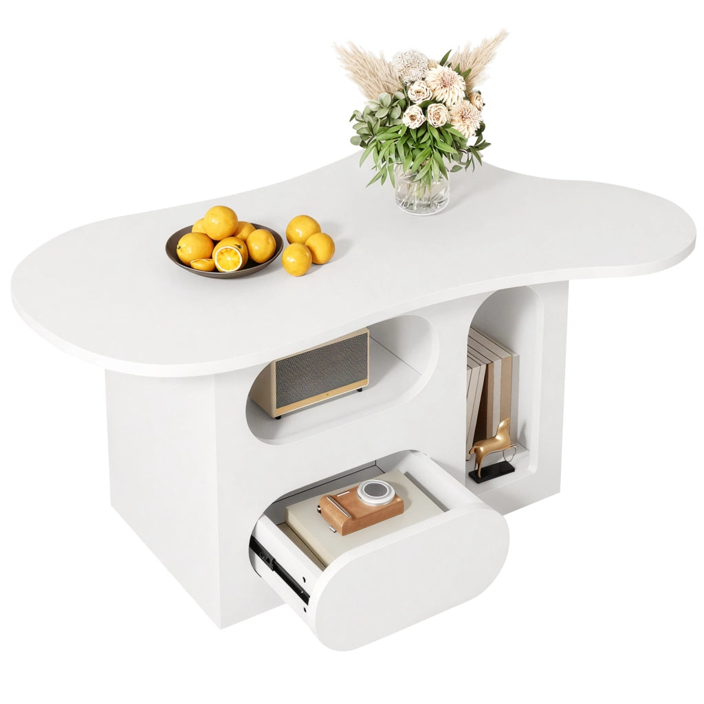 OKWISH Tavolino da Salotto a Forma di Nuvola con 2 Cassetti e Vani Aperti, Bordi Curvi, per Soggiorno, 97×45×43,5 cm