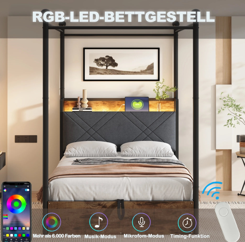 Letto singolo a baldacchino ULEVR 90x190 cm con LED, prese USB e Type-C, 2 cesti laterali