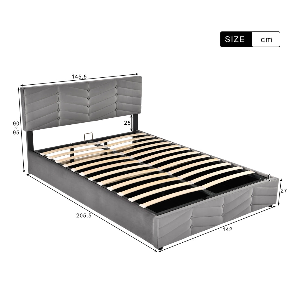 Letti contenitori 140x200 cm; contenitore idraulico; velluto; grigio (Senza materasso)