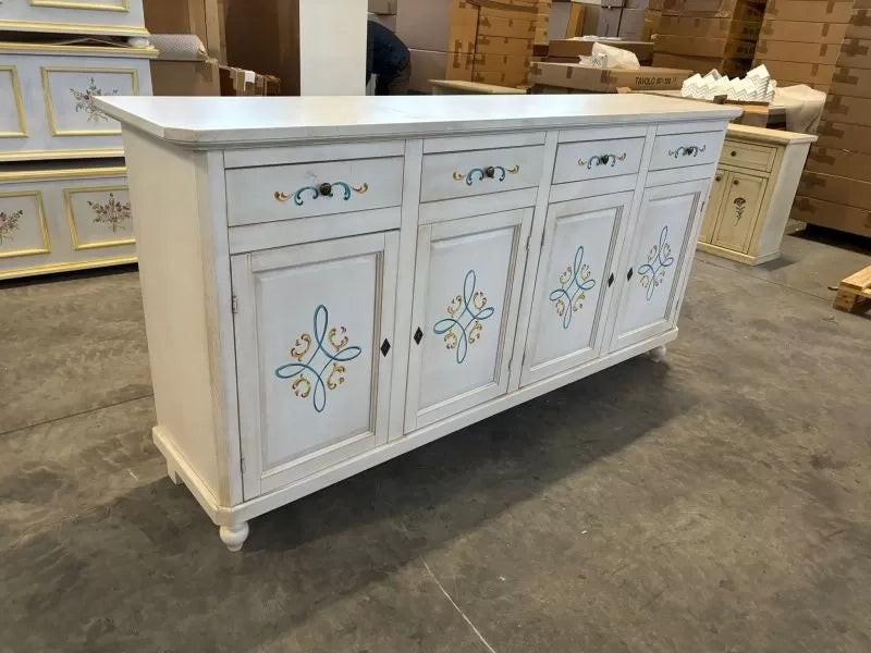 Credenza 4 porte legno shabby bianco anticato decori 196x43x98 - Mobili 2G