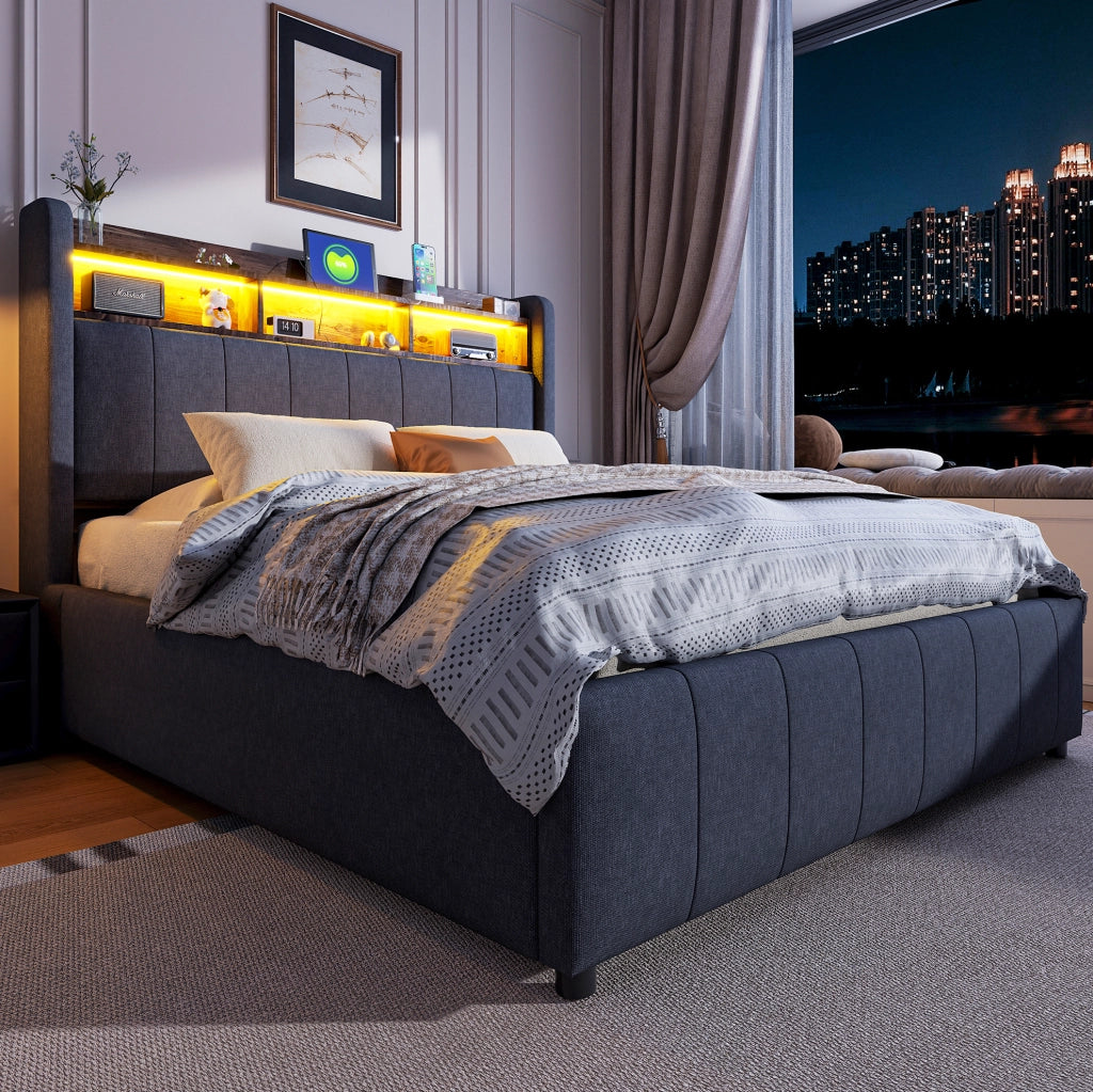 Letto imbottito 140x200 cm; LED e USB; contenitore idraulico; lino; grigio