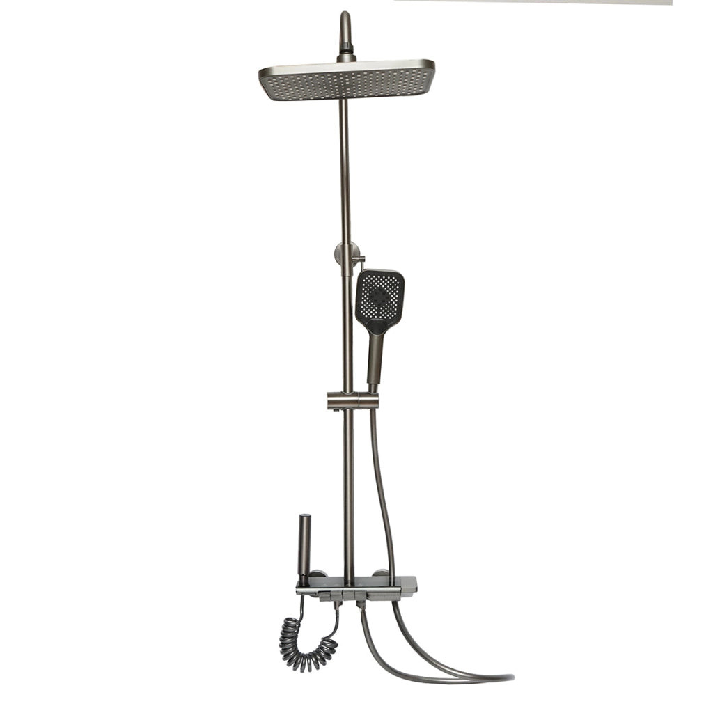 Set doccia multifunzionale con termostato, display digitale della temperatura dell’acqua, 4 funzioni di erogazione dell’acqua, bocca per vasca, soffione rettangolare, doccetta a mano, doccia bidet, colore grigio.