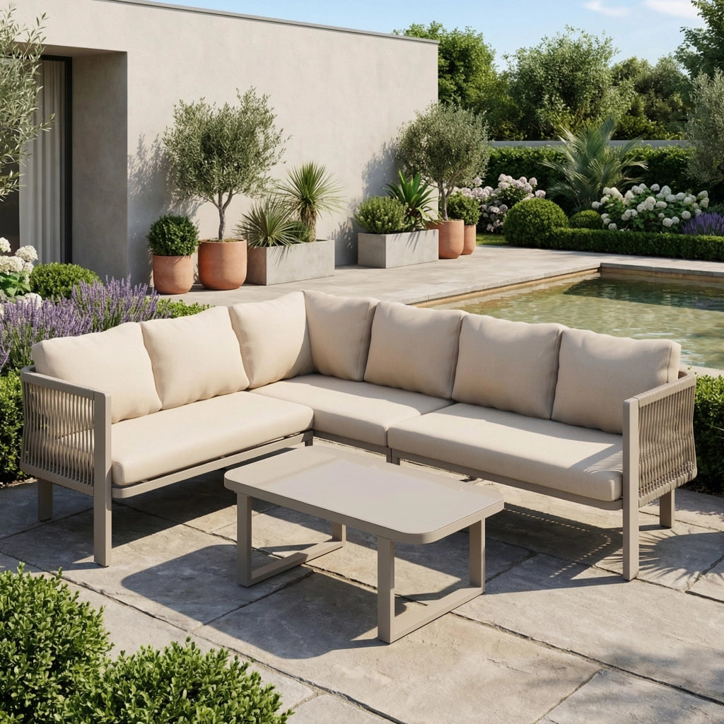 Set Mobili da Giardino 6 Posti con Tavolo, Divano e Sedie ¨C MINIMAL ¨C Acciaio, Vetro, Textilene, Beige