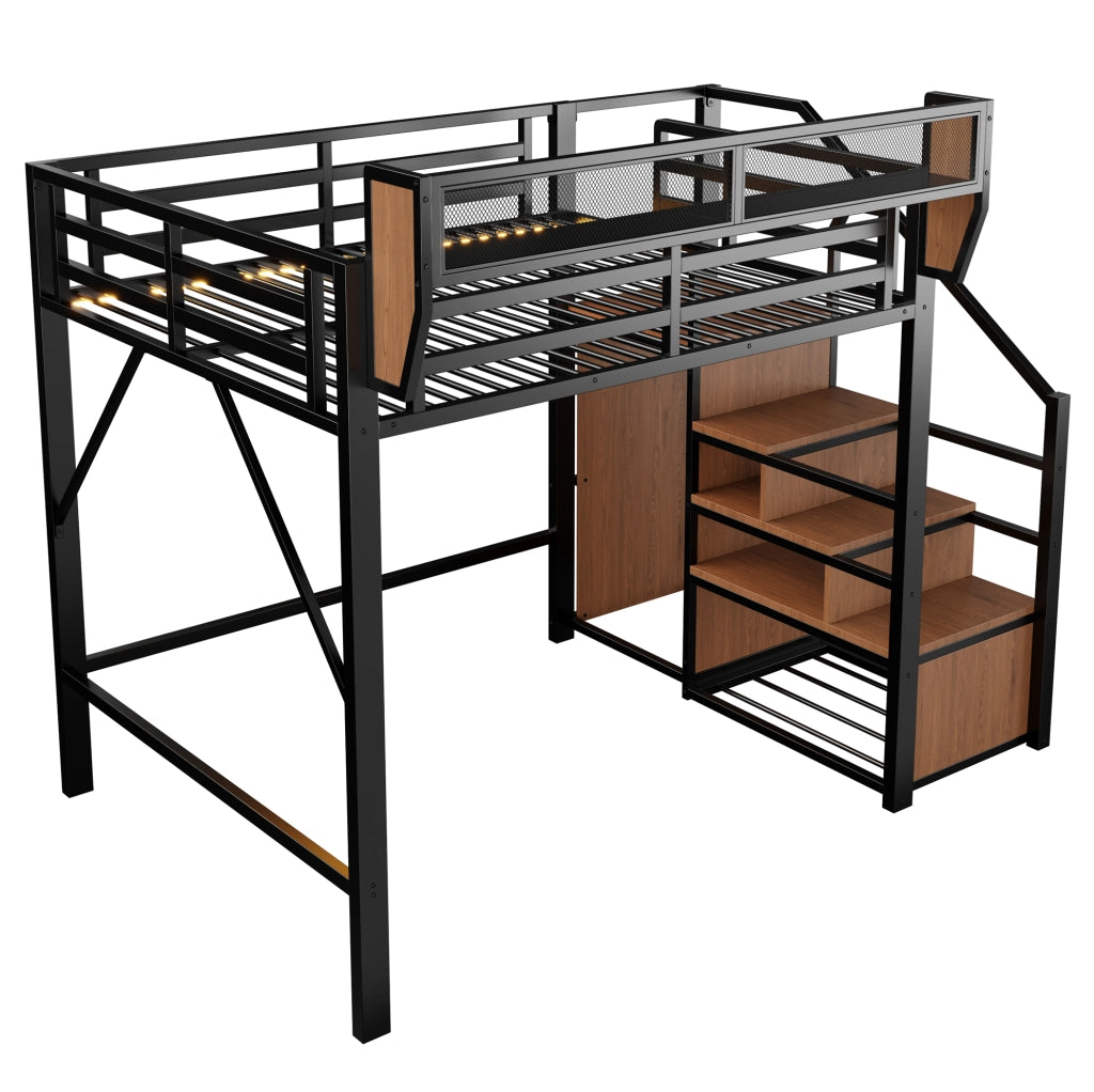 Letto a soppalco ULEVR 140x200 cm con scala di sicurezza, ripiano regolabile e striscia LED multicolore, nero