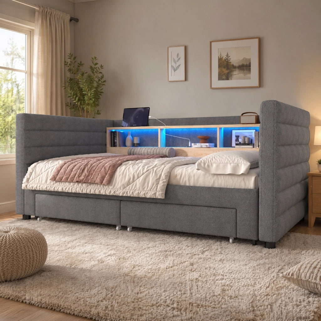 Divano letto 90 × 190 cm estraibile con LED porte USB e Type-C due cassetti e vani portaoggetti in velluto grigio