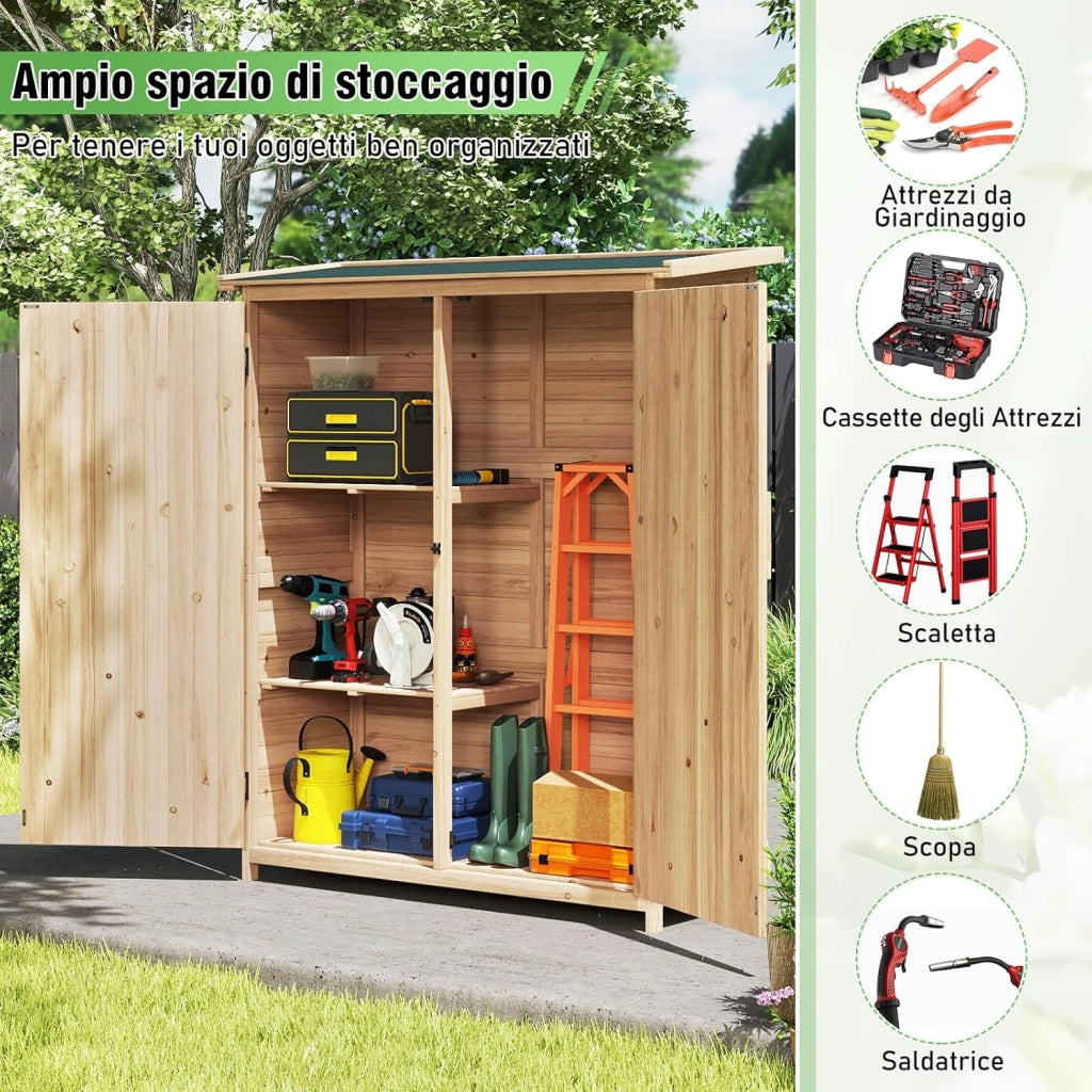 Armadio da Esterno in Legno Massello, Casetta Porta Attrezzi per Esterno con 2 Ripiani Rimovibili, Porte Bloccabili e Tetto Inclinato in Asfalto Impermeabile per Giardino, Cortile e Patio