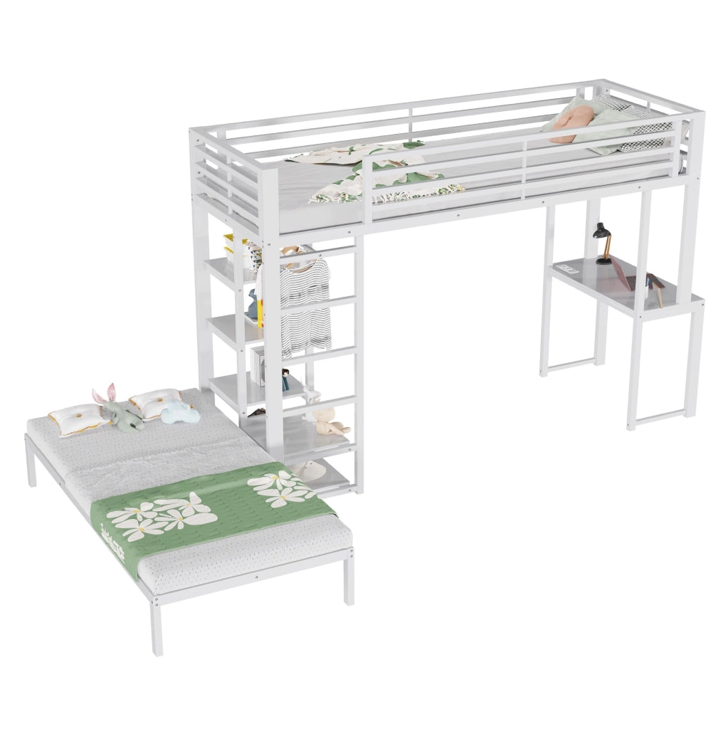 Letto a soppalco 90x200 cm con scrivania; ripiani e vano guardaroba; bianco in MDF e metallo