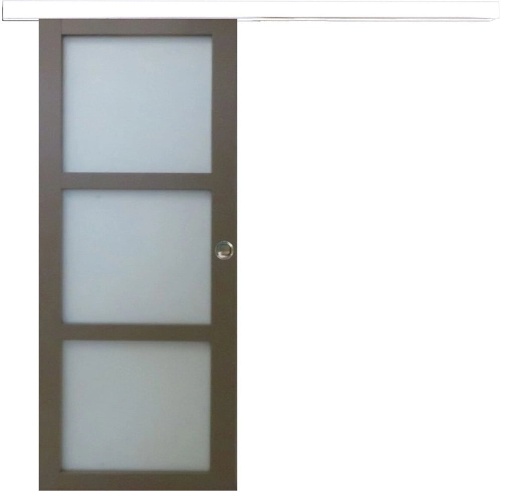 Porta Scorrevole Vetro Rivestito Marrone H.204 x L.83 +  Rail Alluminio Bianco + 2 Conchiglie