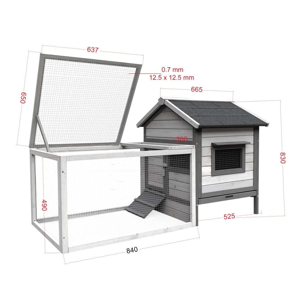 Conigliera in legno grigio chiaro 146x75x83cm con recinto e vassoio estraibile per la pulizia