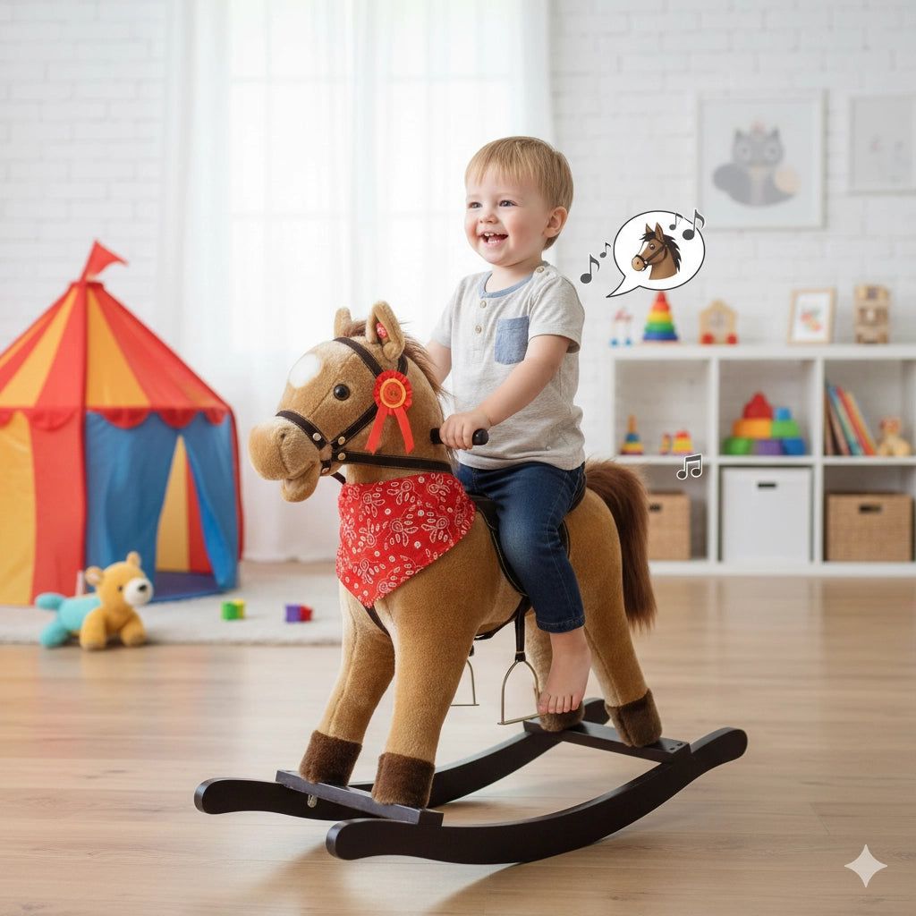 Cavallo a Dondolo per Bambini in Peluche con Suoni Marrone Chiaro