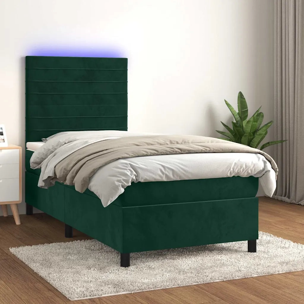 Letto a Molle con Materasso e LED Verde Scuro 90x200cm Velluto