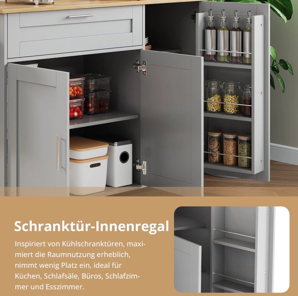 Carrello da cucina grigio con piano pieghevole, armadi e 5 ruote