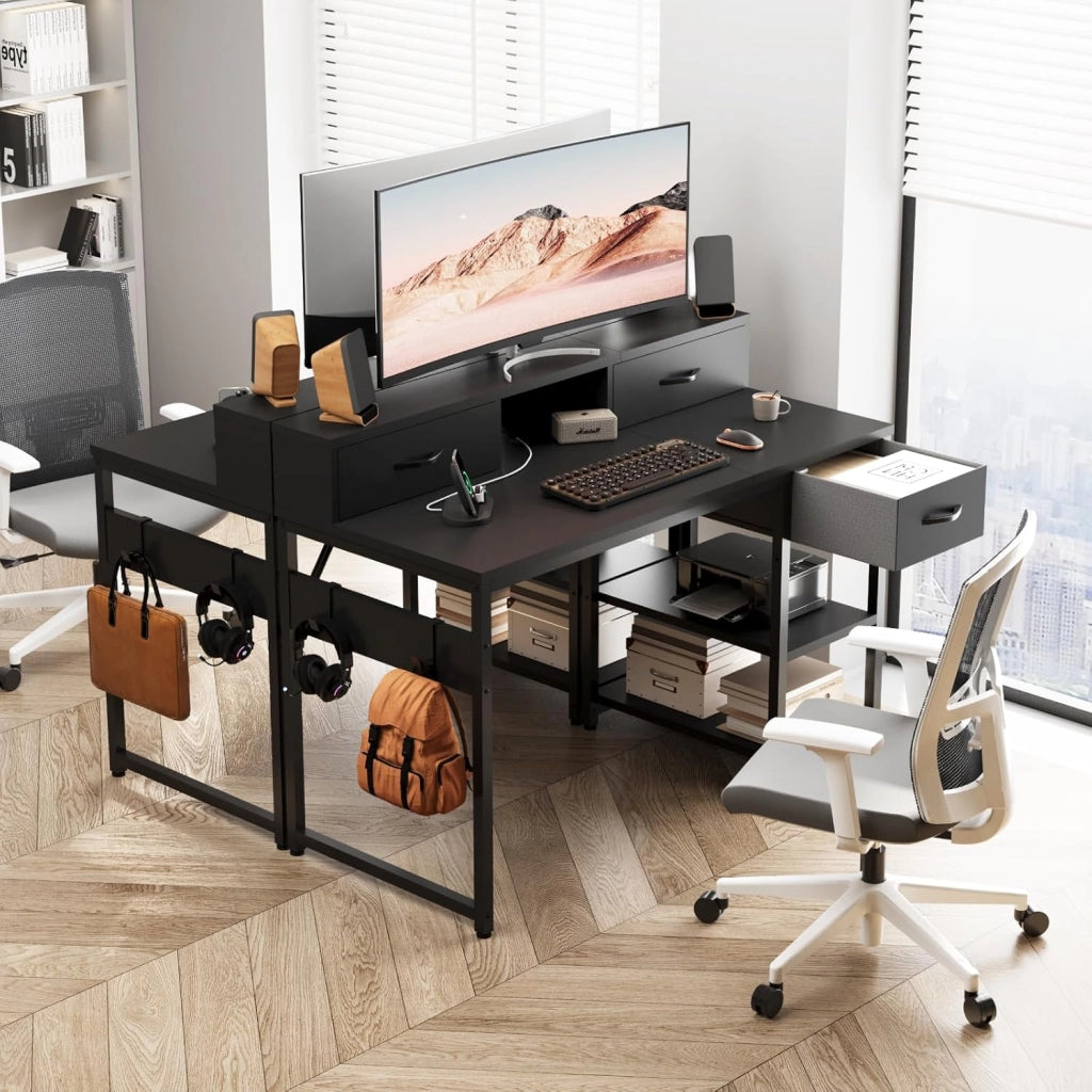 Scrivania Con Cassetti E Ripiano Reversibile, Scrivania Per Computer Con Contenitore, Supporto Per Monitor, Foro Per Cavi, 2 Ripiani Regolabili E Cassetto Inferiore, 120 X 50 Cm, Nero