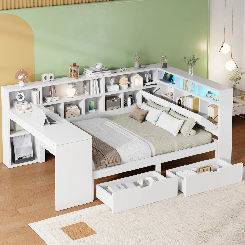 Letto a piattaforma a L 140x200 cm con scrivania; libreria; LED e USB; bianco