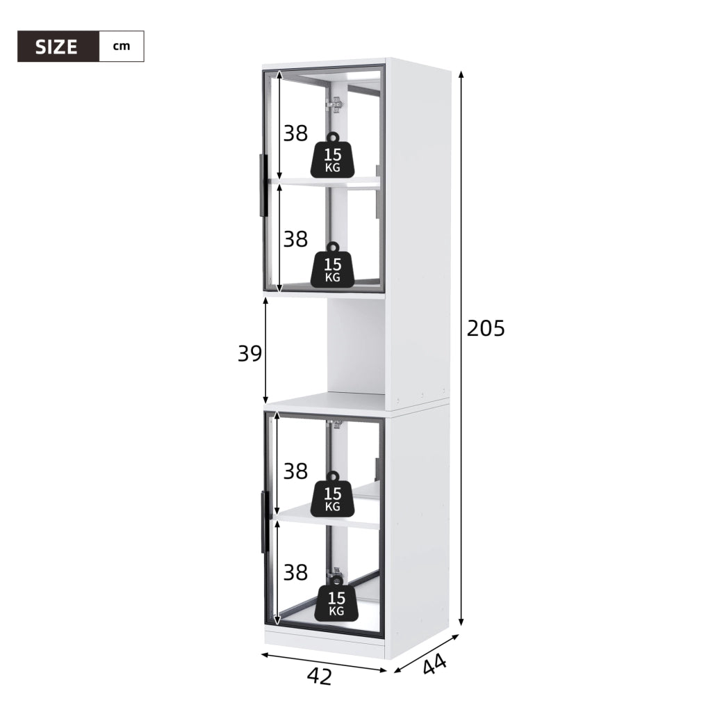 Vetrina LED moderna 205 cm con ante in vetro; schienale a specchio e luce multicolore; bianco