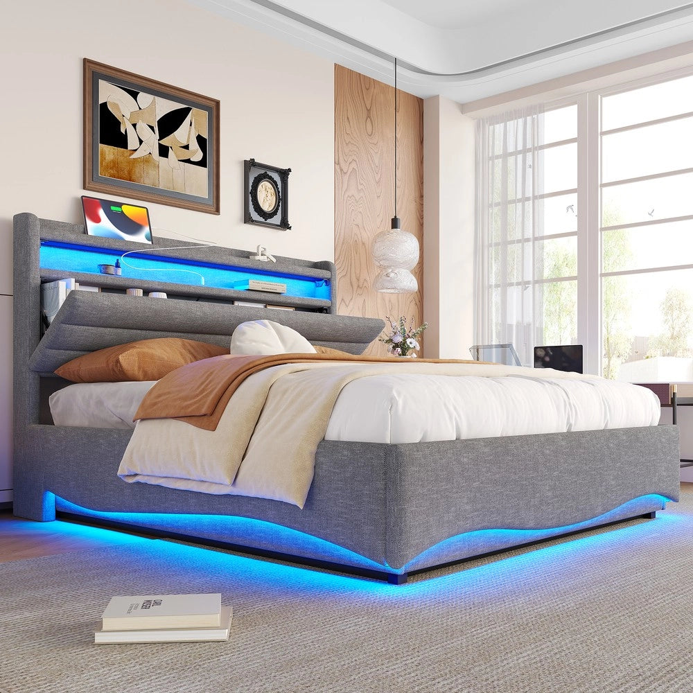 Letto Imbottito Contenitore con LED ¨C MINIMAL ¨C Tessuto Grigio 140x200 Idraulico
