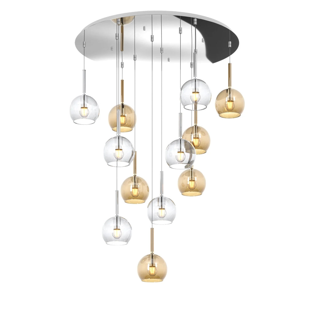 Lampadario Contemporaneo Future Metallo Cromo Vetro Trasp-Ambra 12 Luci E27