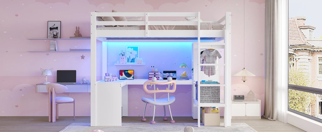 Letto a soppalco 90 × 200 cm con scrivania integrata, ripiani multifunzione, LED e USB, senza materasso, bianco