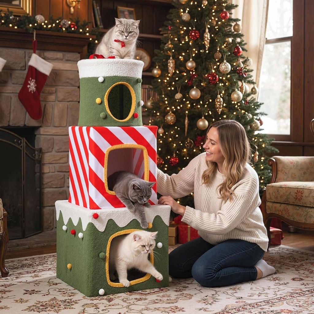 Albero di Natale per Gatti da Interno, Tiragraffi per Gatti con 3 Condo, Caverne Nascoste e Pallina Appesa, Grande Torre Impilabile a Forma di Scatola Regalo per Decorazioni Natali
