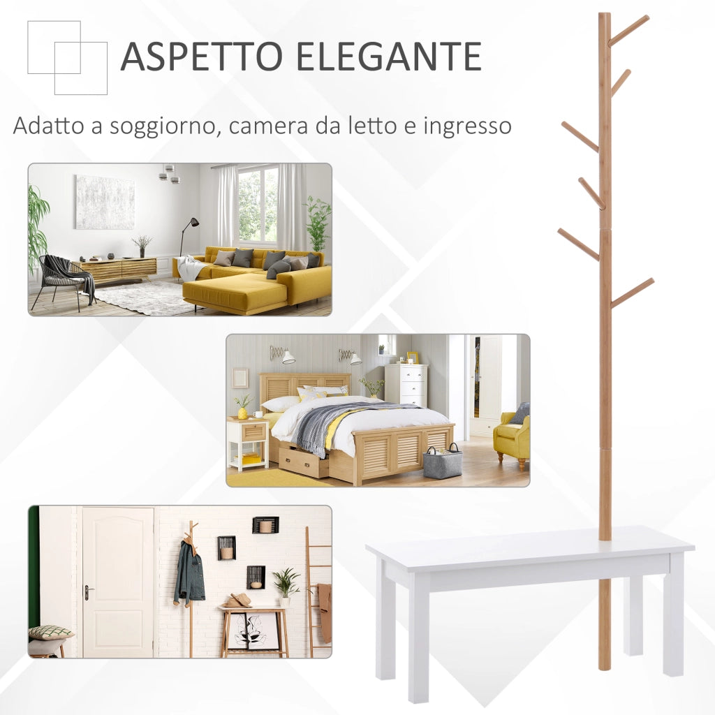 EasyComfort Panca con Appendiabiti da Ingresso, Attaccapanni da Terra in Bambù, Panca da Ingresso Bianca, Design, anche per Camera da Letto, 80x30x180cm, Bianco Legno