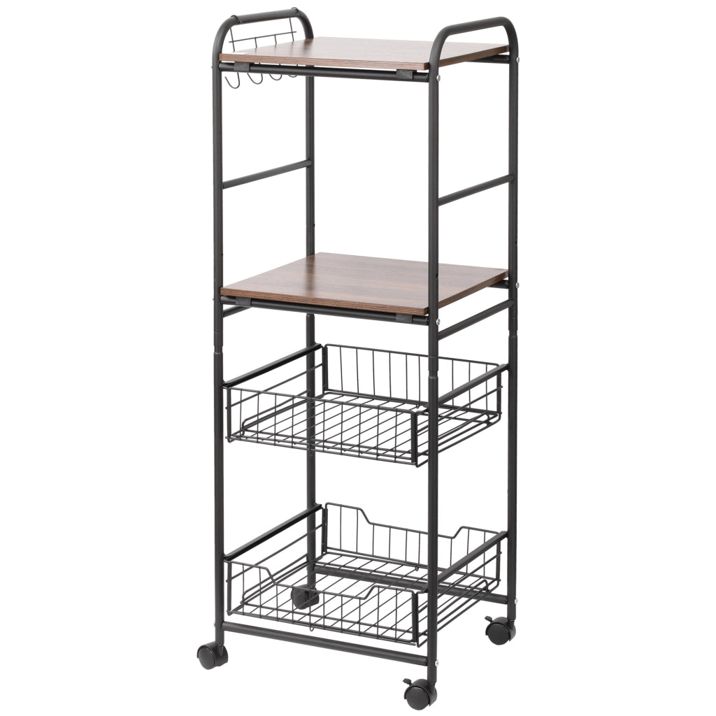 Carrello con 2 ripiani 2 cestini estraibili e 4 ganci ¨C Minimal ¨C 40x38x111 cm effetto noce e nero