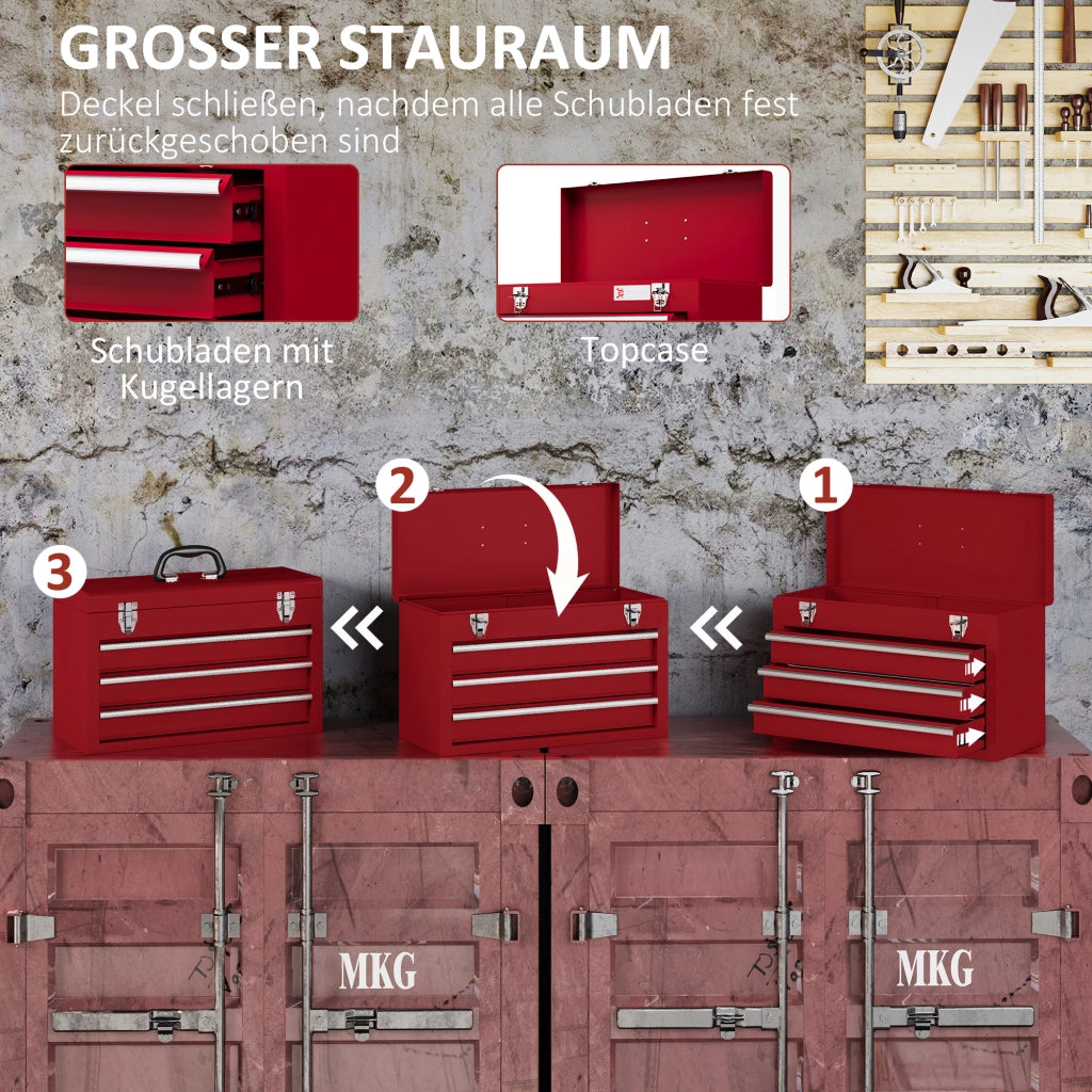 CASSETTA PORTA ATTREZZI 51x22x32 cm 3 cassetti Acciaio Rosso