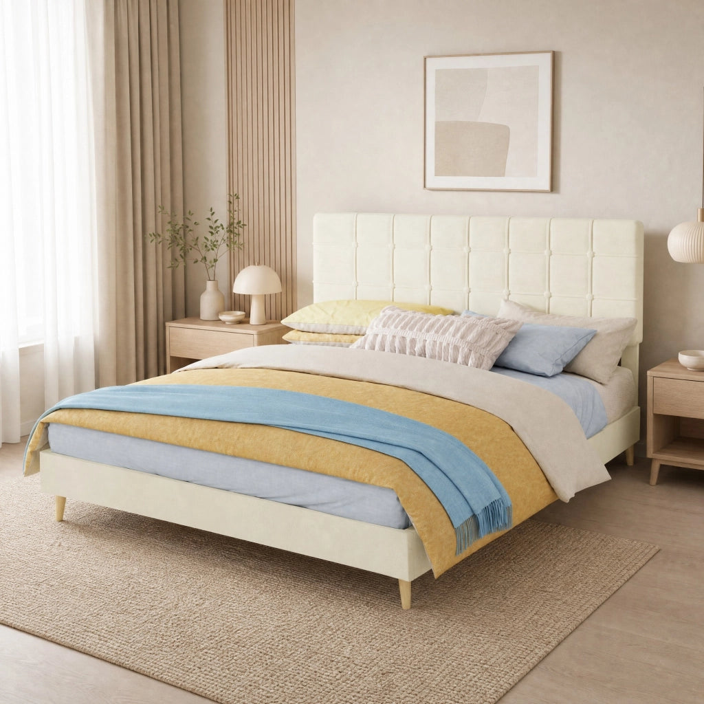 Letto Matrimoniale 160x200 cm; Testiera Trapuntata in Velluto Beige
