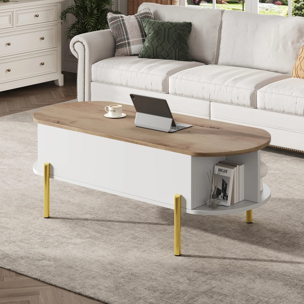 Tavolino da salotto 120x50x43 cm; piano sollevabile con vano nascosto; MDF; bianco e colore naturale