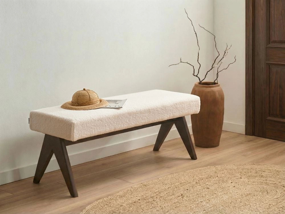 Panca Boucle bianco sporco e marrone scuro con gambe in legno imbottite Panca per corridoio e panca da letto