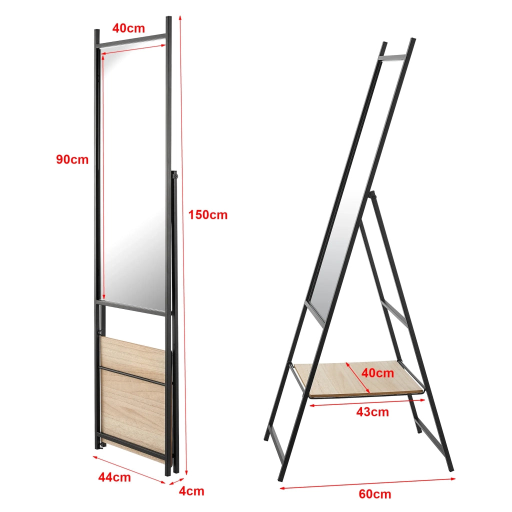 Specchio a figura intera con mensola color camoscio 150 x 44 x 60 cm effetto rovere nero 03_0007966