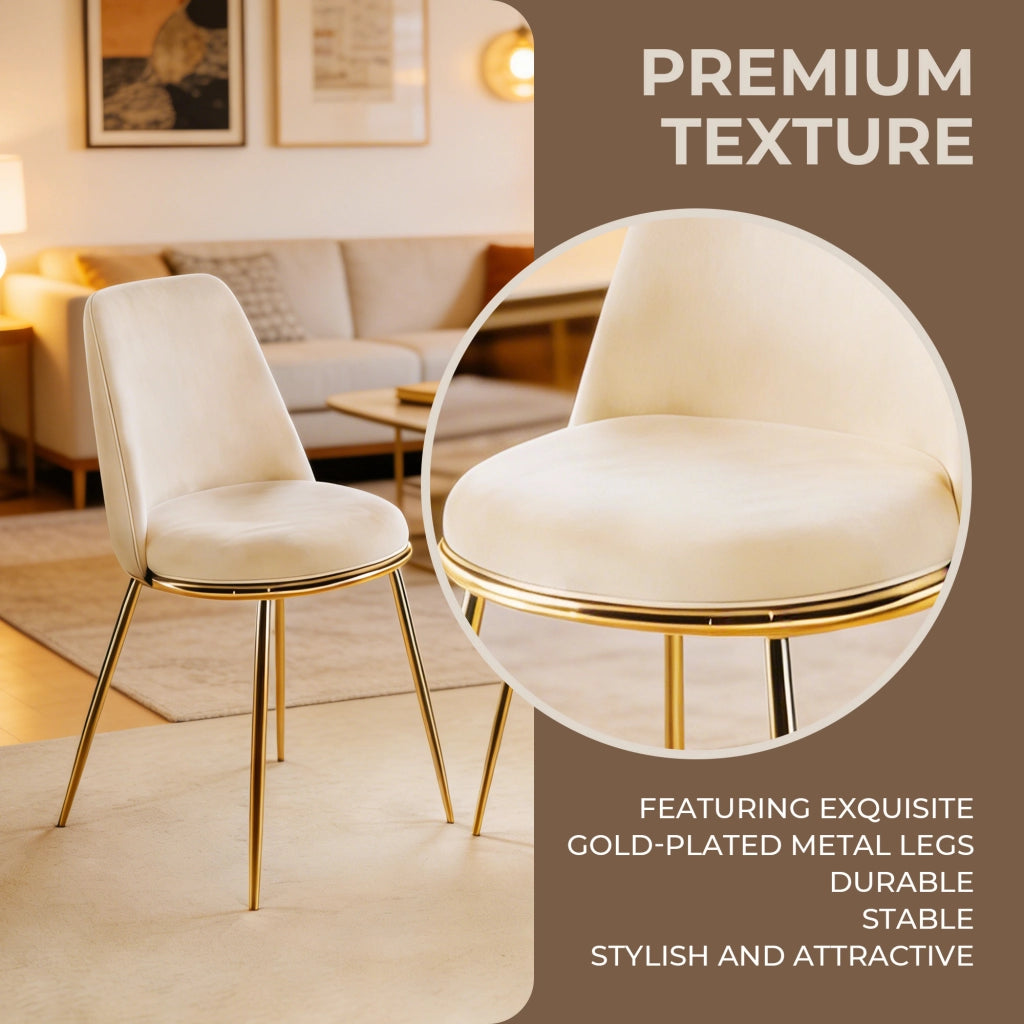 Sedia da pranzo con schienale alto ergonomico e gambe metalliche dorate in velluto crema