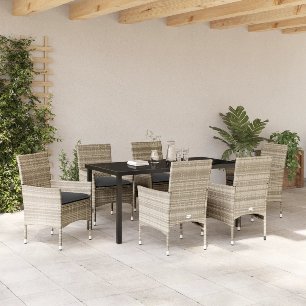 Set da Pranzo 7 Pezzi con Cuscini in Rattan Poliestere Grigio Chiaro
