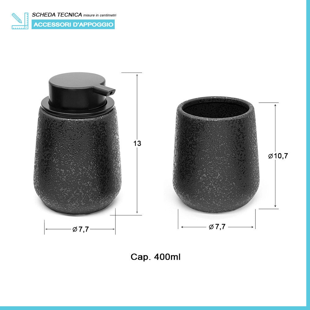 Set accessori bagno in ceramica nera glitter con dispenser sapone e due portaspazzolini
