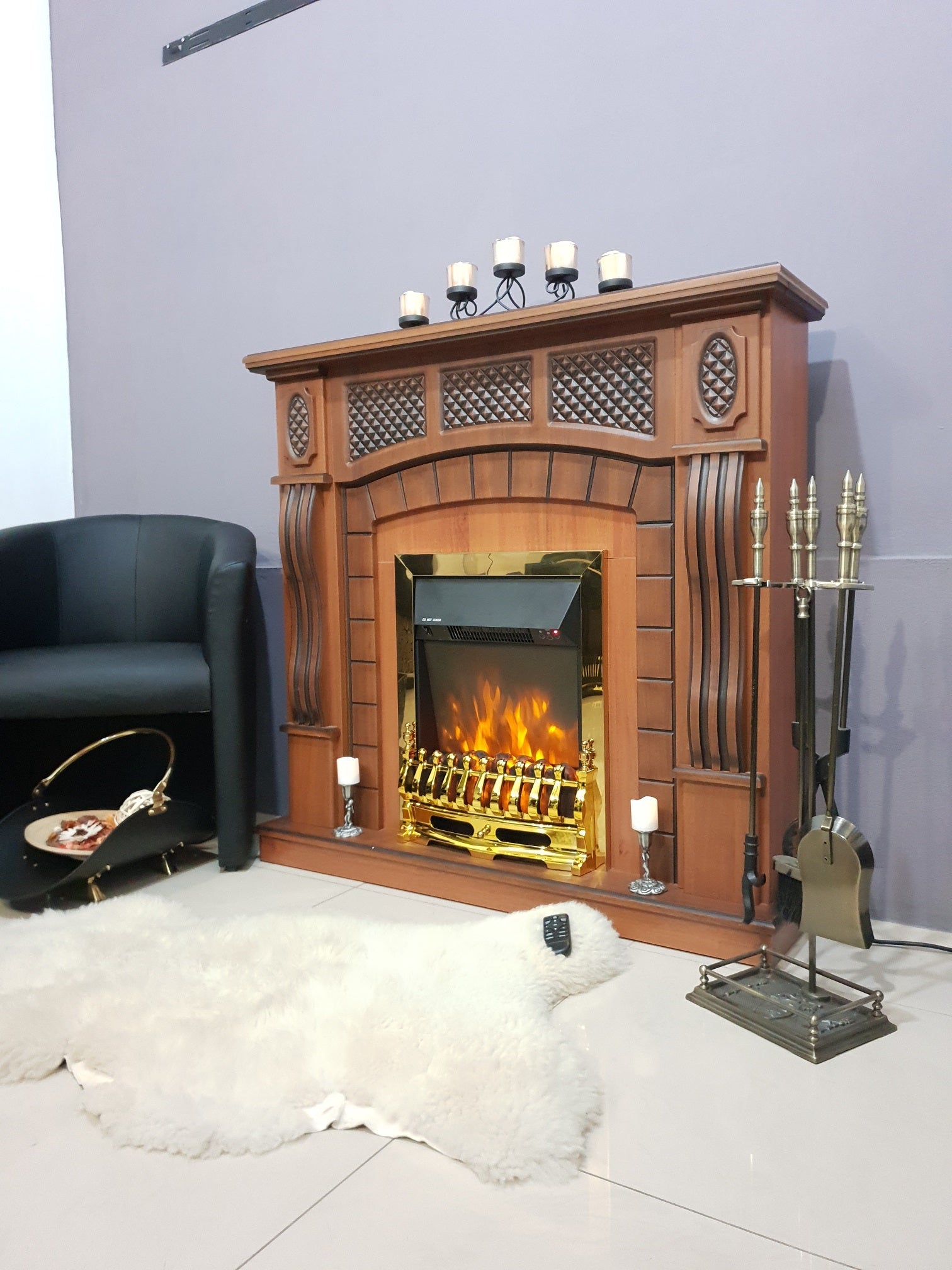 Camino Elettrico da Pavimento 112x115x30 cm Effetto Fiamma 2000W Amsterdam & Galileo Gold Noce