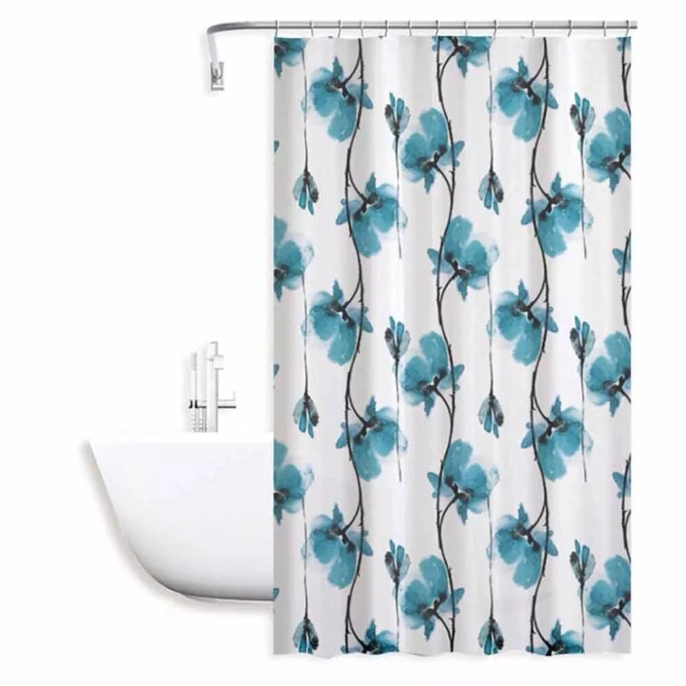 Trade Shop - Tenda Doccia Vasca Impermeabile 12 Ganci Decorazione Fiori Blu 180x200 Cm 79224 -