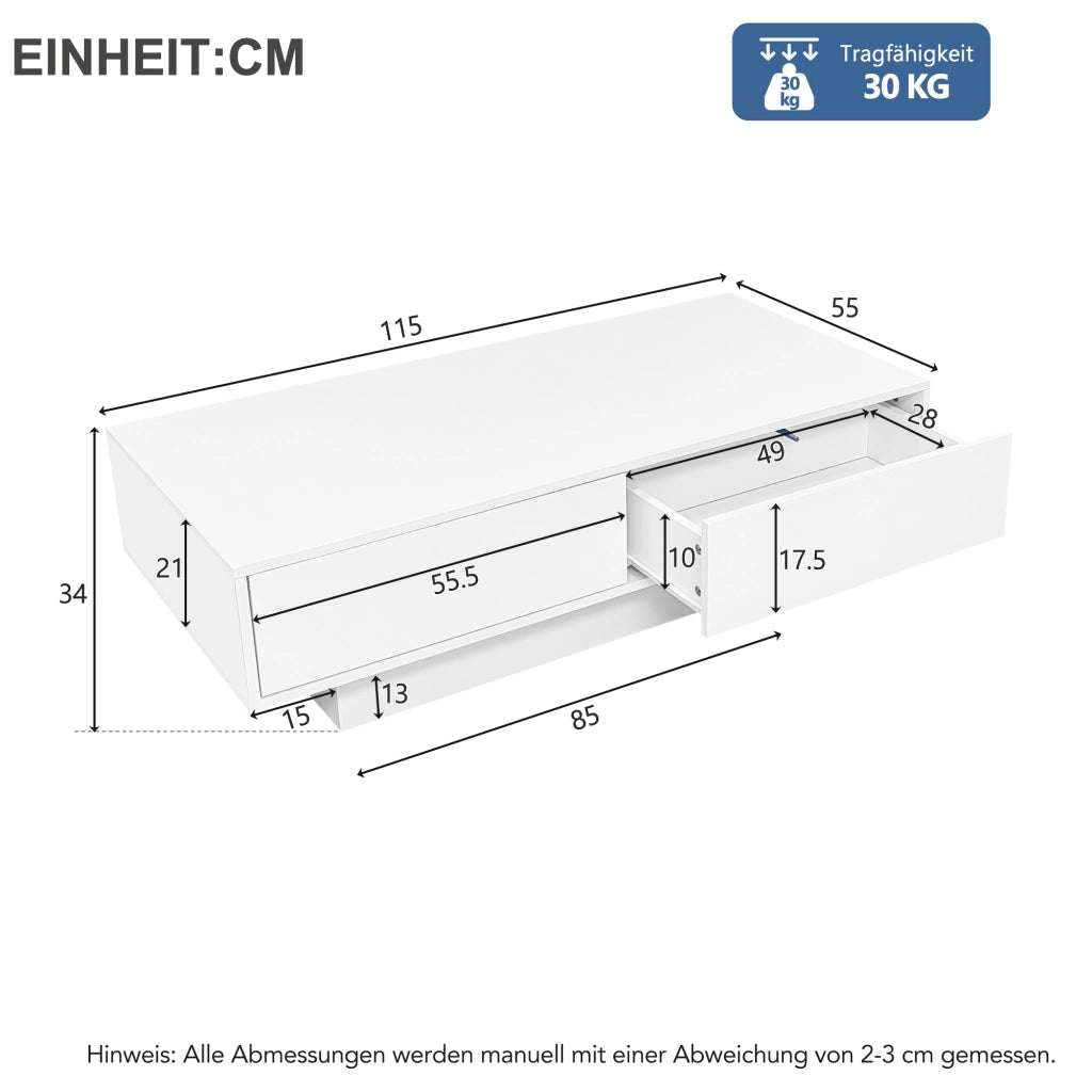 Tavolino da caffè 115x55x34 cm; LED integrata e 2 cassetti; finitura lucida; truciolare bianco