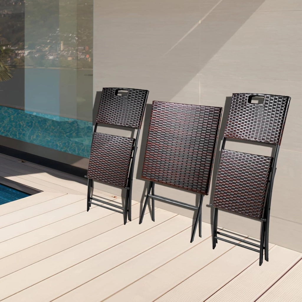 Set di Mobili da Balcone Pieghevole da 3 Pezzi, Mobili da Bistrot, Set Giardino in Rattan, 1 Tavolo e 2 Sedie, Sedia Pieghevole per Balcone, Giardino e Terrazza, Marrone