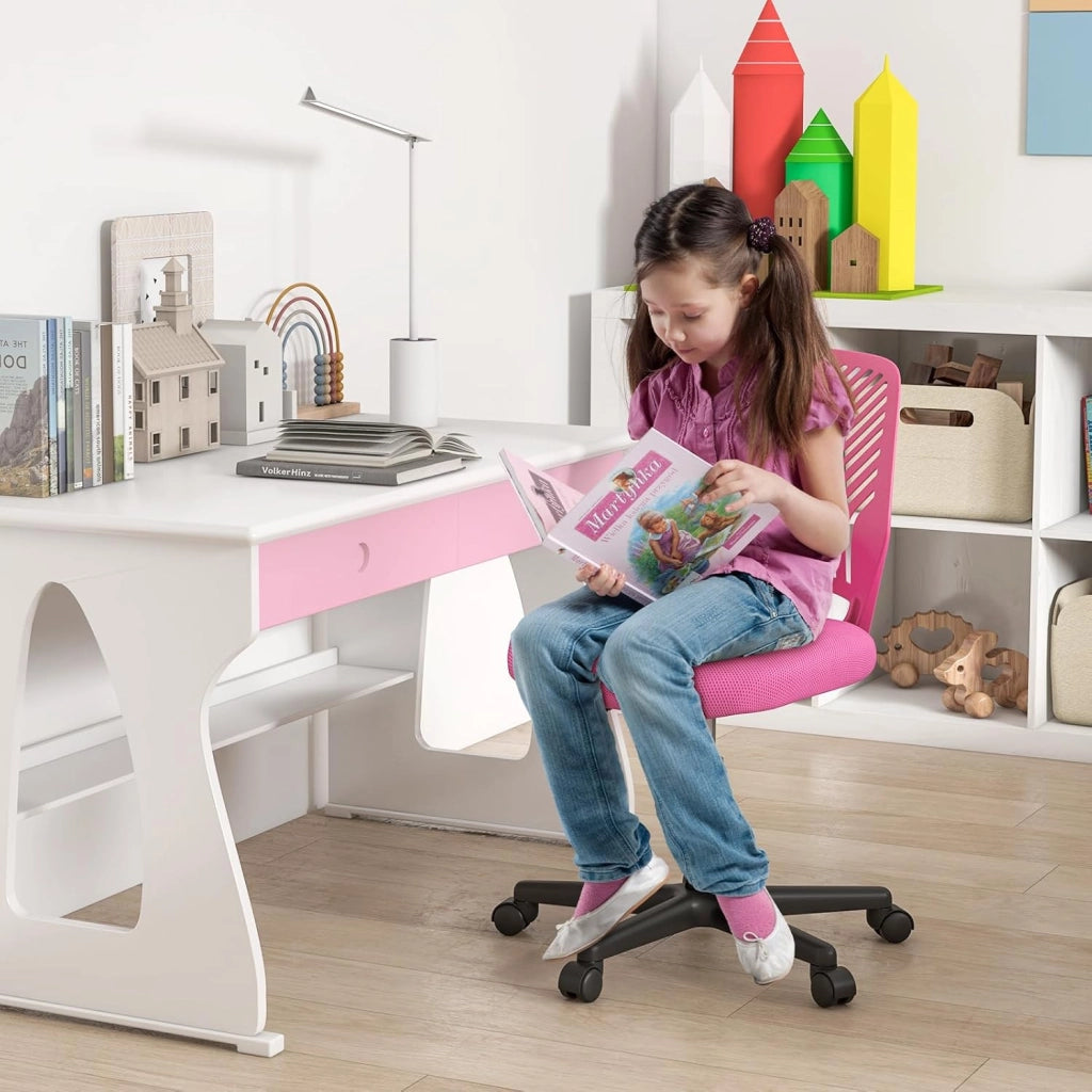 Sedia da scrivania per bambini, graziosa sedia da ufficio con schienale a forma di S e seduta imbottita, sedia da studio girevole senza maniche su ruote, per ragazzi e ragazze (rosa)