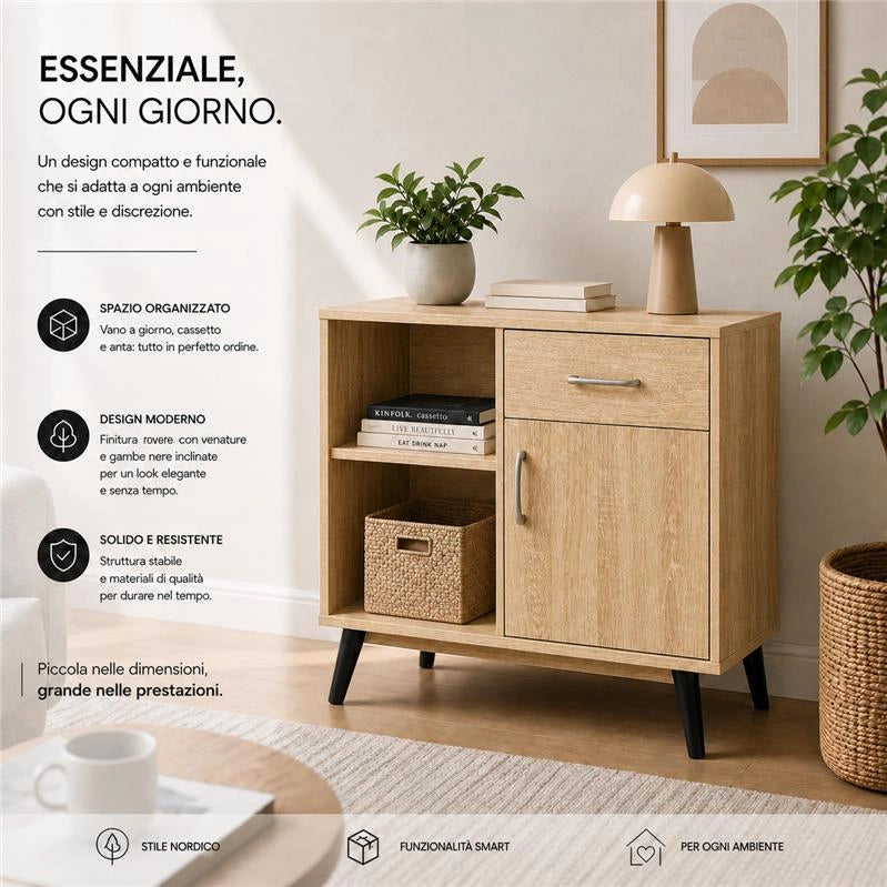 MOBILE MODERNO IN LEGNO CON 2 RIPIANI, 1 ANTA E CASSETTO COLORE ROVERE DIMENSIONI 94X38X74 CM
