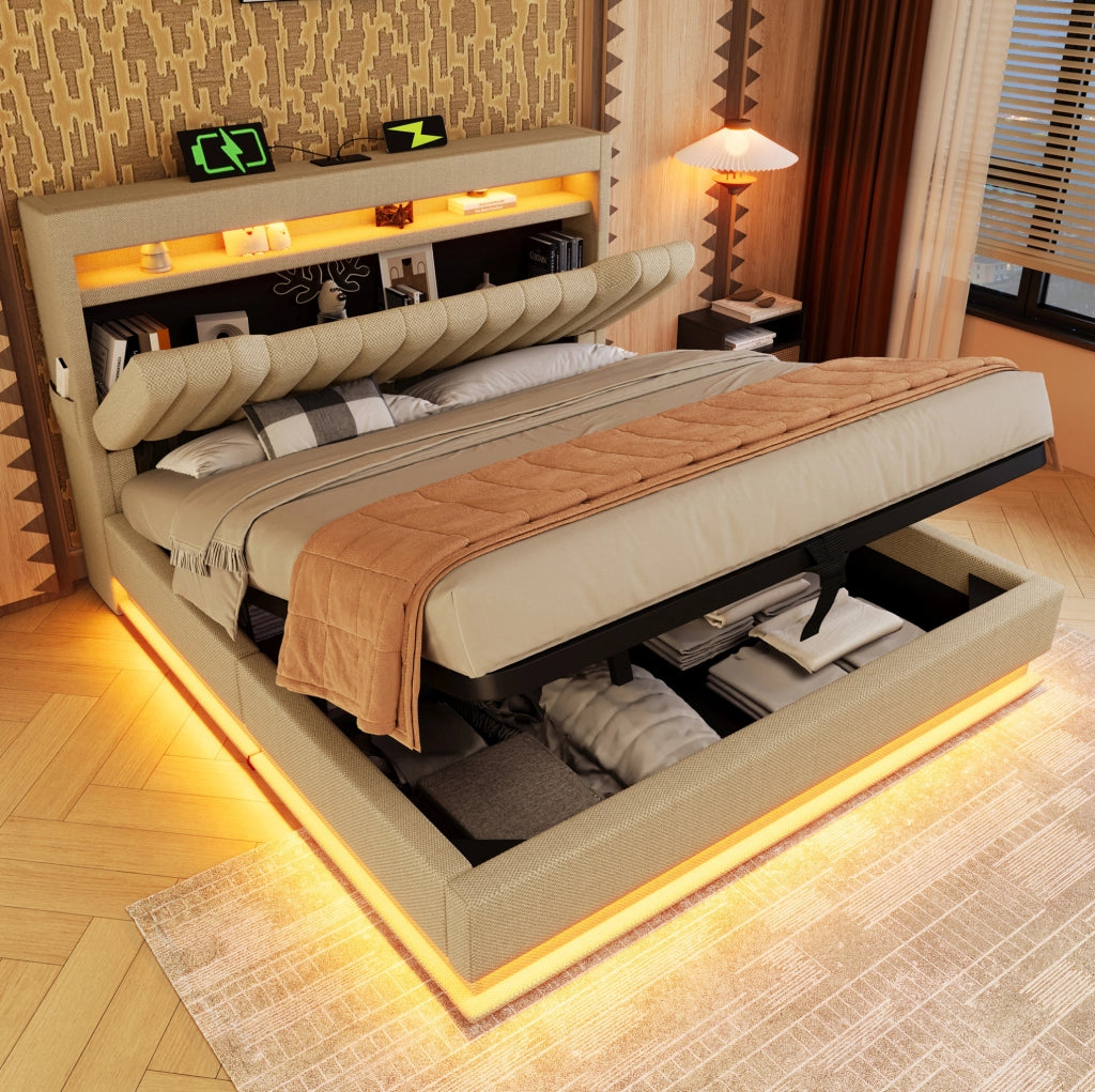 Letto matrimoniale 140x190 cm con contenitore; testiera con USB e Type-C; LED; beige in lino
