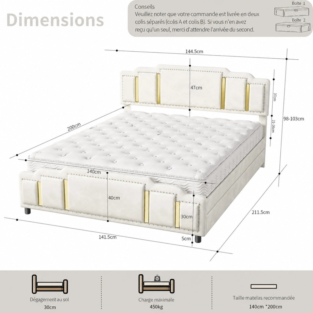 Letto matrimoniale 140 × 200 cm con 4 cassetti, LED regolabile, rivestimento in velluto, senza materasso, beige