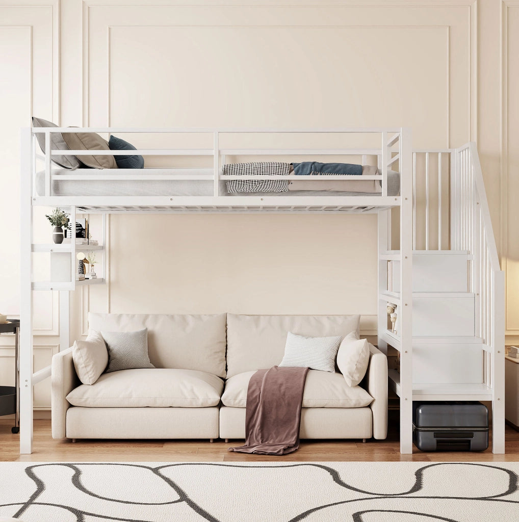 Letto a soppalco ULEVR 90x200 cm con scala contenitore, ripiani e sponde di sicurezza, bianco