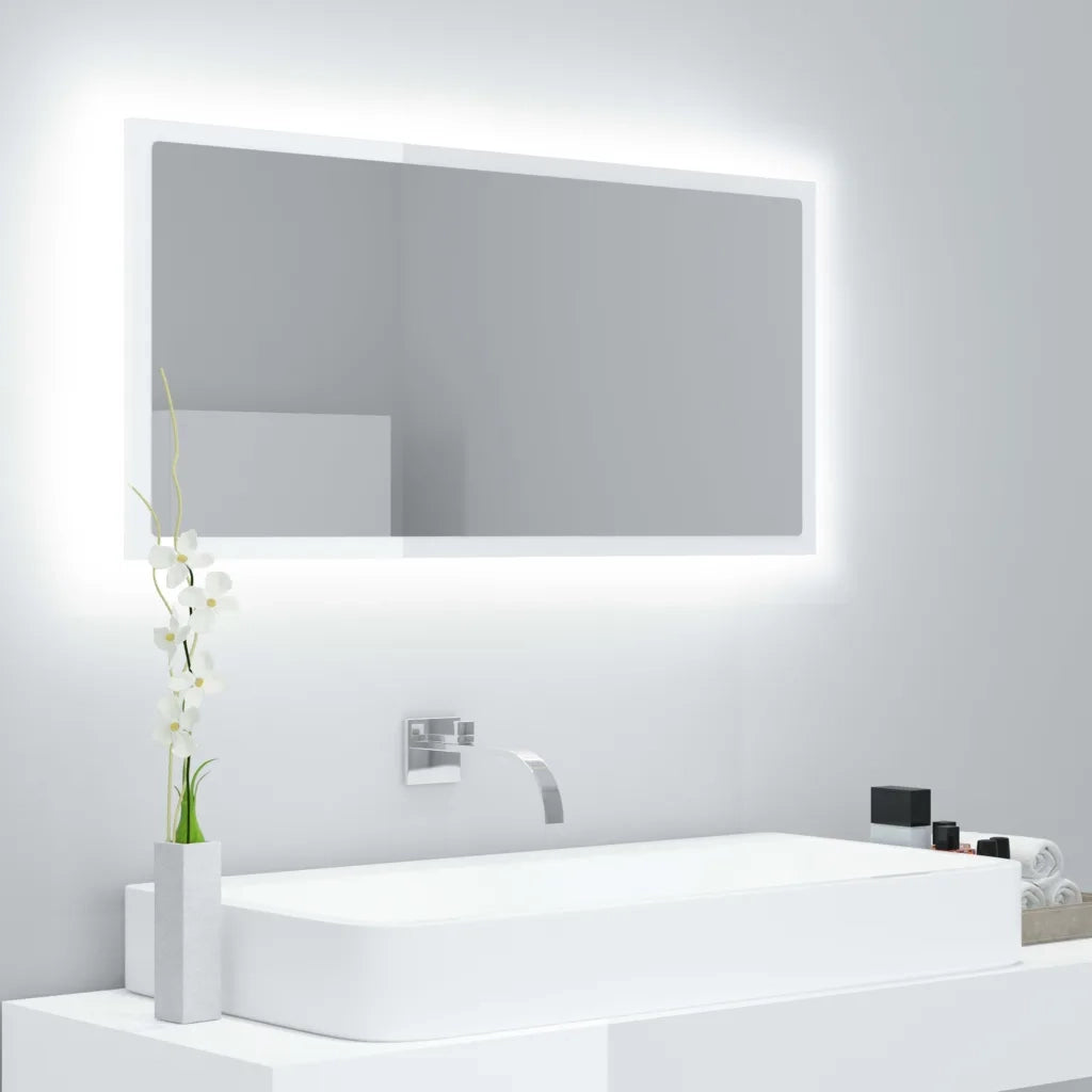 Specchio da Bagno LED Bianco Lucido 90x8,5x37 cm in Acrilico 804937
