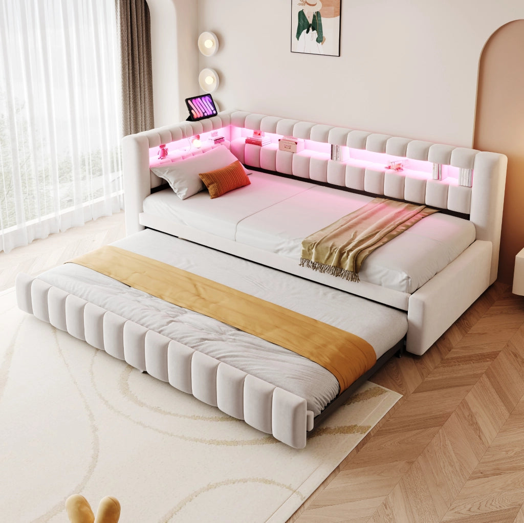 Divano letto estraibile 90x200 cm con LED, USB e vani integrati beige